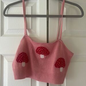 Pink and red mushroom knitted bandage crop tank top size large